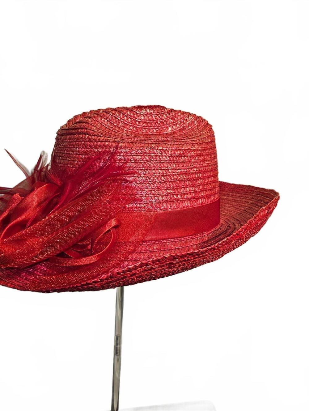 Red Straw Dress Hat with Flower
